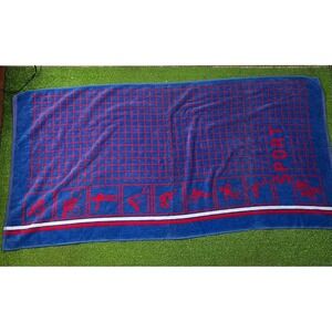 Vintage Beach Towel Red Blue Sports Theme Volleyball Soccer 27 x 56" Lintex MINT